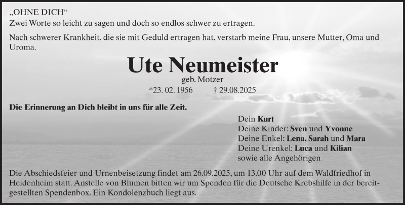  Traueranzeige für Ute Neumeister vom 05.09.2025 aus Heidenheimer Zeitung