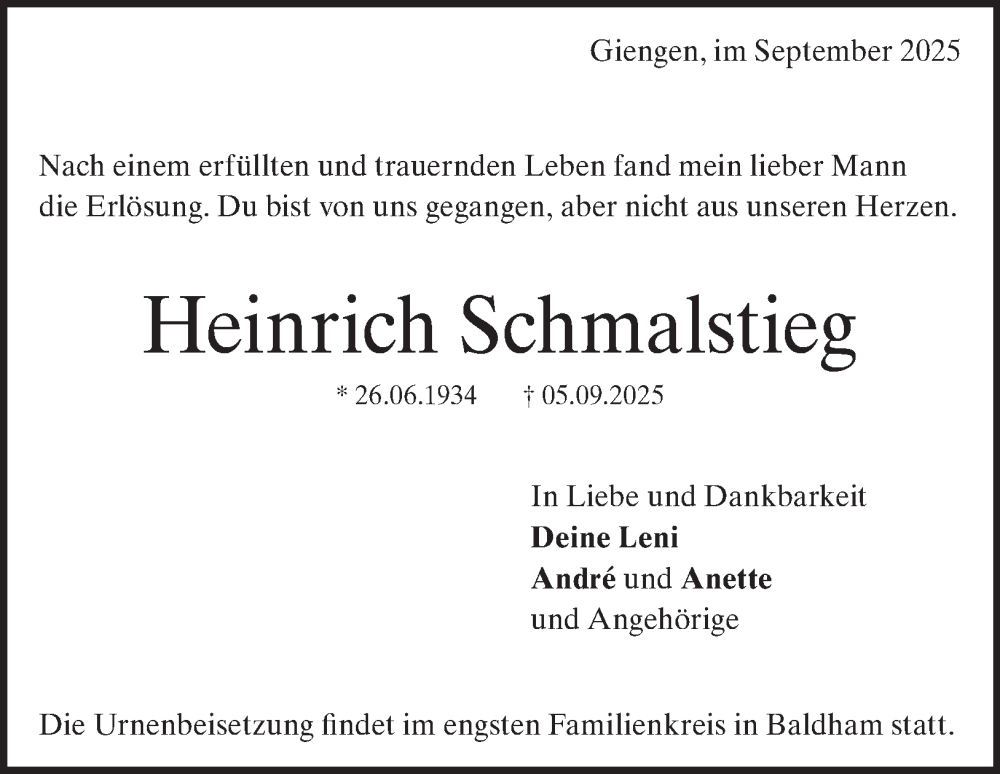  Traueranzeige für Heinrich Schmalstieg vom 18.09.2025 aus Heidenheimer Zeitung