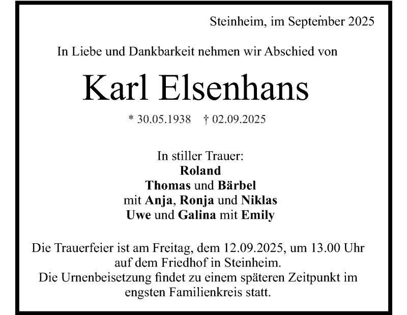  Traueranzeige für Karl Elsenhans vom 08.09.2025 aus Heidenheimer Zeitung