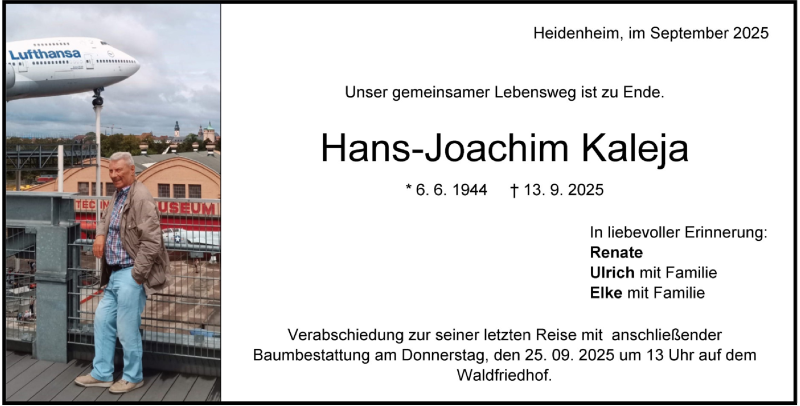  Traueranzeige für Hans-Joachim Kaleja vom 18.09.2025 aus Heidenheimer Zeitung