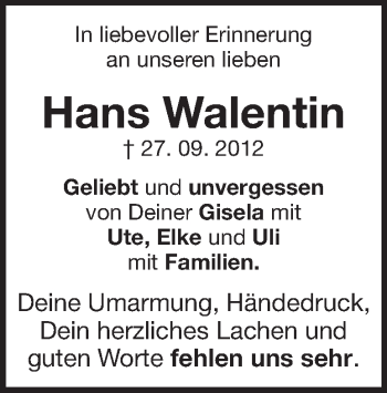 Traueranzeige von Hans Walentin von Heidenheimer Zeitung