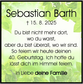 Traueranzeige von Sebastian Barth von Heidenheimer Zeitung
