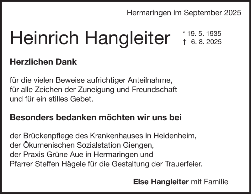  Traueranzeige für Heinrich  Hangleiter vom 06.09.2025 aus Heidenheimer Zeitung