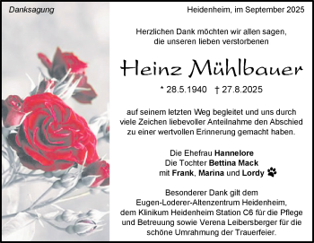 Traueranzeige von Heinz Mühlbauer von Heidenheimer Zeitung