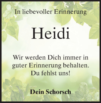 Traueranzeige von Heidi Nietsche von Heidenheimer Zeitung