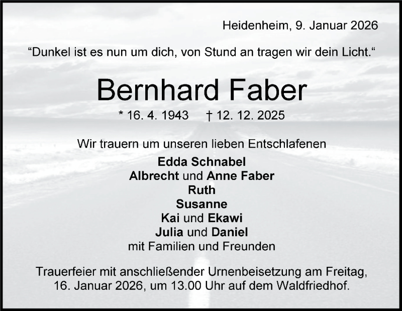  Traueranzeige für Bernhard Faber vom 09.01.2026 aus Heidenheimer Zeitung