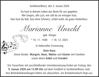 Traueranzeige von Marinne Unseld von Heidenheimer Zeitung