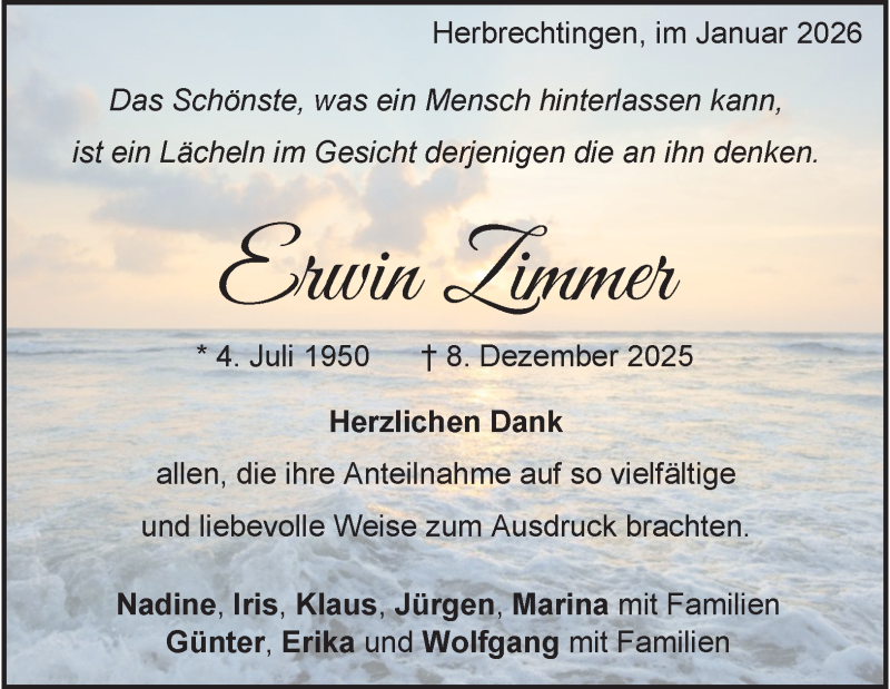  Traueranzeige für Erwin Zimmer vom 03.01.2026 aus Heidenheimer Zeitung