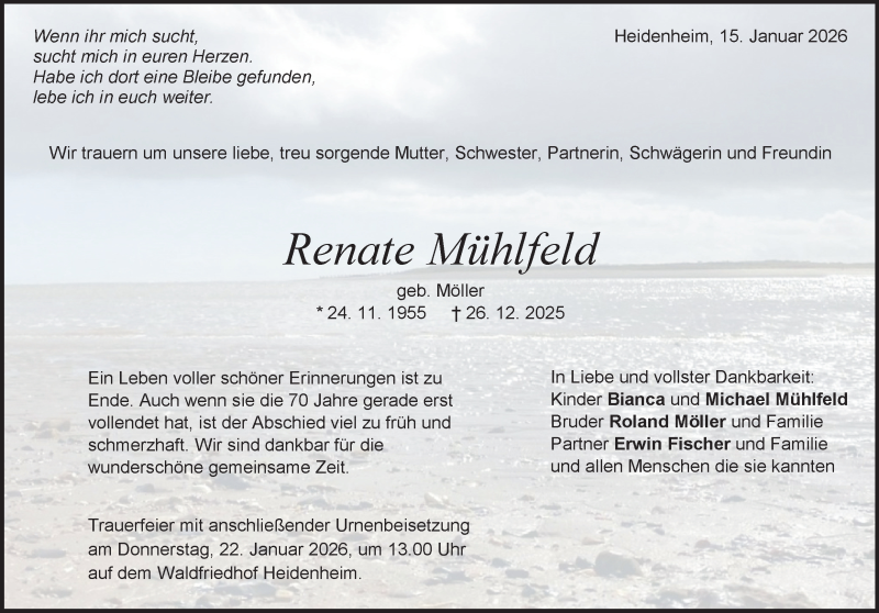 Traueranzeige für Renate Mühlfeld vom 15.01.2026 aus Heidenheimer Zeitung