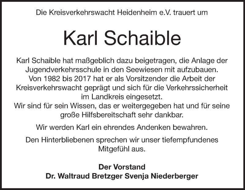  Traueranzeige für Karl Schaible vom 08.01.2026 aus Heidenheimer Zeitung