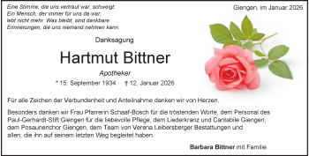 Traueranzeige von Hartmut Bittner von Heidenheimer Zeitung