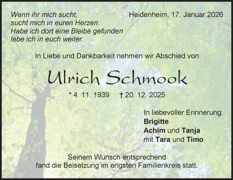  Traueranzeige für Ulrich Schmook vom 17.01.2026 aus Heidenheimer Zeitung
