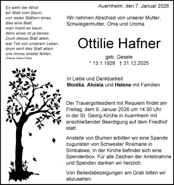 Traueranzeige von Ottilie Hafner von Heidenheimer Zeitung