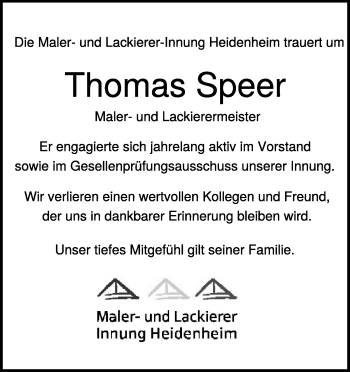 Traueranzeige von Thomas Speer von Heidenheimer Zeitung