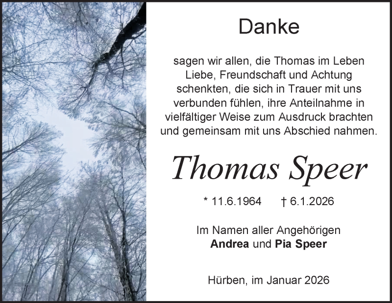  Traueranzeige für Thomas Speer vom 31.01.2026 aus Heidenheimer Zeitung