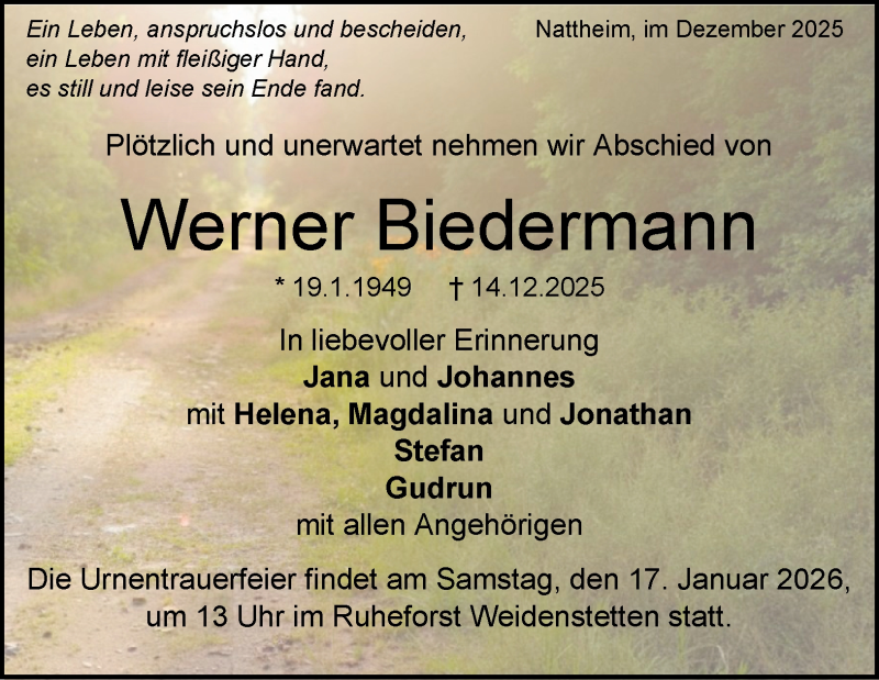  Traueranzeige für Werner Biedermann vom 10.01.2026 aus Heidenheimer Zeitung