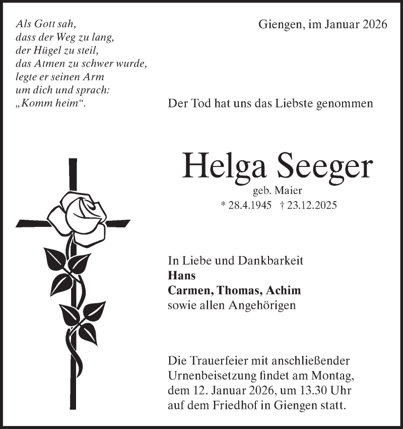  Traueranzeige für Helga Seeger vom 09.01.2026 aus Heidenheimer Zeitung