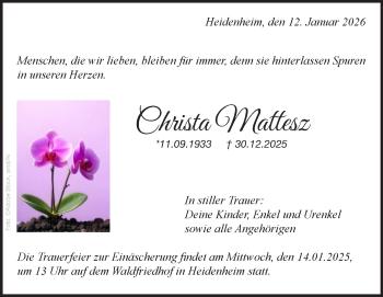 Traueranzeige von Christa Mattesz von Heidenheimer Zeitung