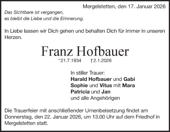 Traueranzeige von Franz Hofbauer von Heidenheimer Zeitung