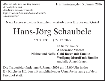 Traueranzeige von Hans-Jörg Schaubele von Heidenheimer Zeitung