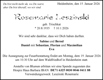 Traueranzeige von Rosemarie Leszinski von Heidenheimer Zeitung