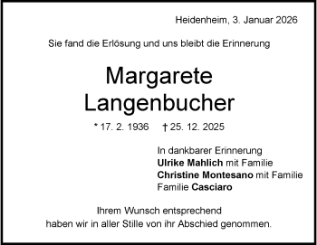 Traueranzeige von Margarete Langenbucher von Heidenheimer Zeitung