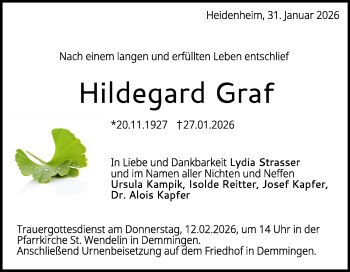 Traueranzeige von Hildegard Graf von Heidenheimer Zeitung