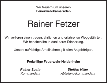 Traueranzeige von Rainer Fetzer von Heidenheimer Zeitung