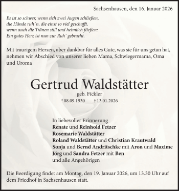 Traueranzeige von Gertrud Waldstätter von Heidenheimer Zeitung