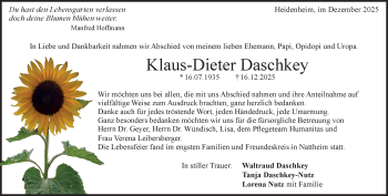 Traueranzeige von Klaus-Dieter Daschkey von Heidenheimer Zeitung