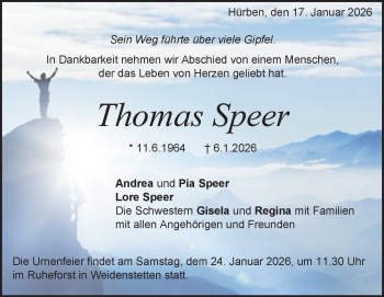 Traueranzeige von Thomas Speer von Heidenheimer Zeitung