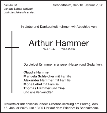 Traueranzeige von Arthur Hammer von Heidenheimer Zeitung