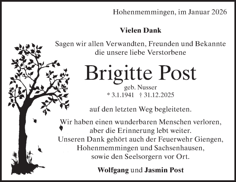 Traueranzeige für Brigitte Post vom 28.01.2026 aus Heidenheimer Zeitung