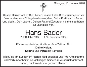 Traueranzeige von Hans Bader von Heidenheimer Zeitung