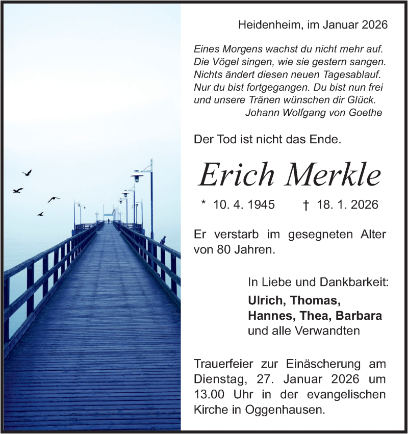 Traueranzeige für Erich Merkle vom 23.01.2026 aus Heidenheimer Zeitung