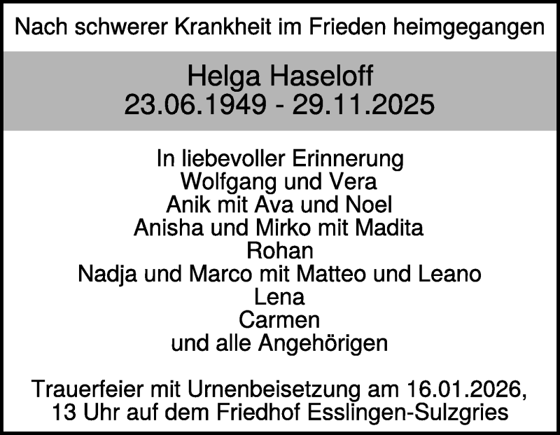  Traueranzeige für Helga Haseloff vom 03.01.2026 aus Heidenheimer Zeitung