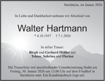 Traueranzeige von Walter Hartmann von Heidenheimer Zeitung