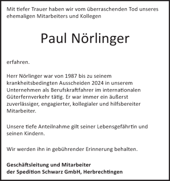 Traueranzeige von Paul Nörlinger von Heidenheimer Zeitung