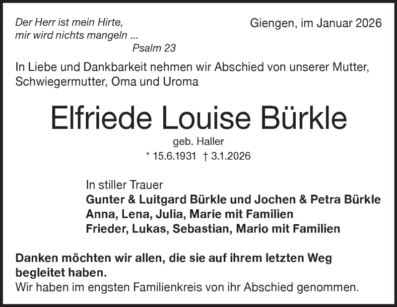  Traueranzeige für Elfriede Louise Bürkle vom 24.01.2026 aus Heidenheimer Zeitung