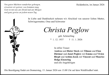 Traueranzeige von Christa Peglow von Heidenheimer Zeitung