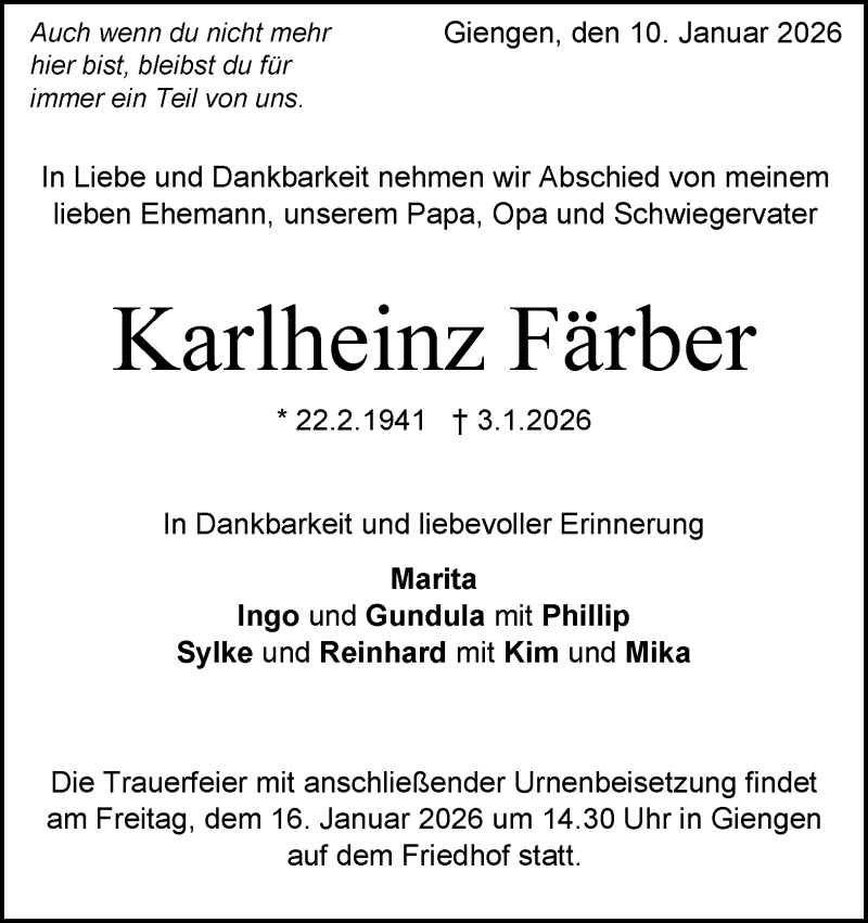  Traueranzeige für Karlheinz Färber vom 10.01.2026 aus Heidenheimer Zeitung