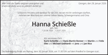 Traueranzeige von Hanna Schießle von Heidenheimer Zeitung