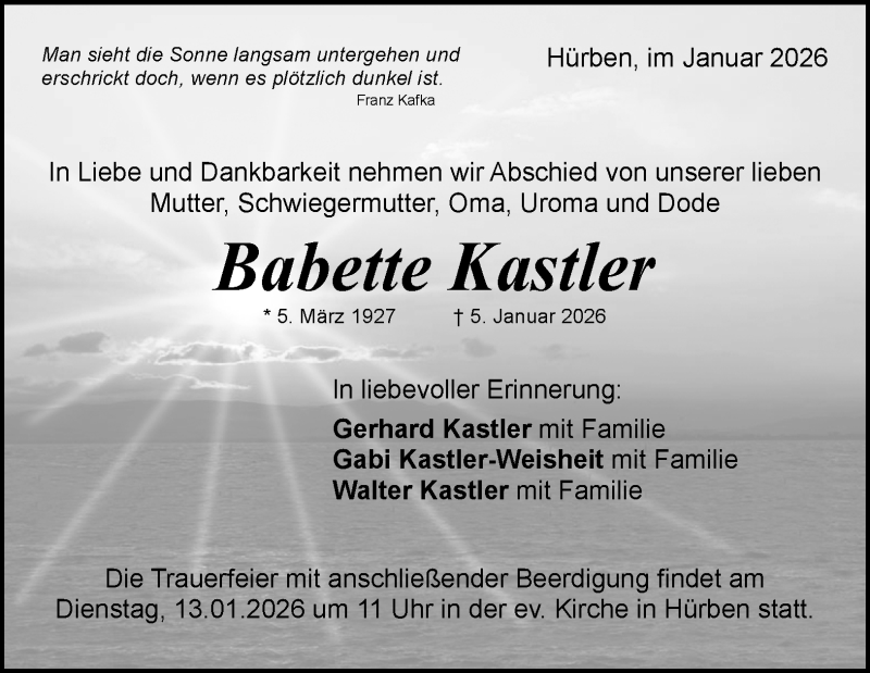  Traueranzeige für Babette Kastler vom 10.01.2026 aus Heidenheimer Zeitung