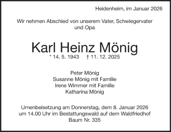 Traueranzeige von Heinz Mönig von Heidenheimer Zeitung