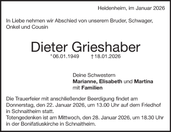 Traueranzeige von Dieter Grieshaber von Heidenheimer Zeitung