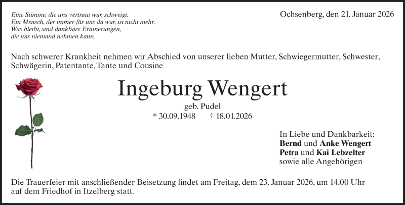  Traueranzeige für Ingeburg Wengert vom 21.01.2026 aus Heidenheimer Zeitung