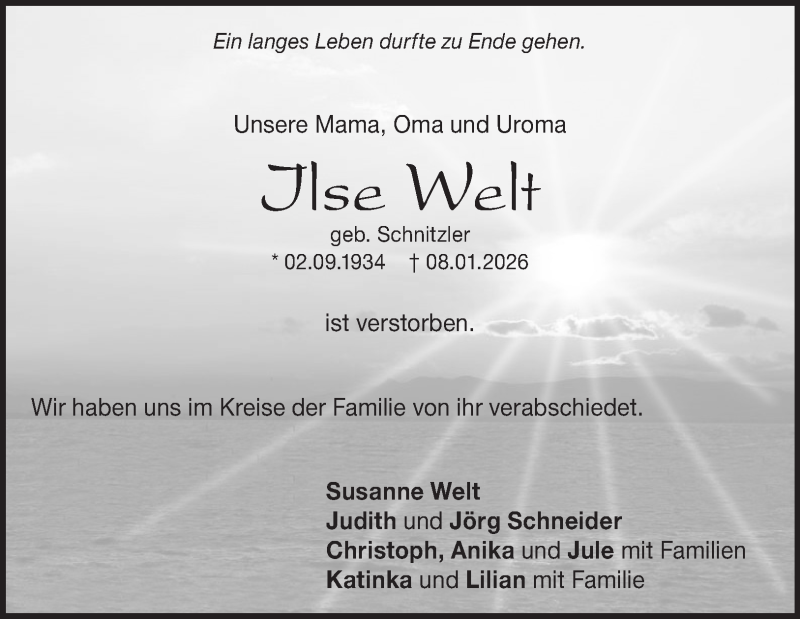  Traueranzeige für Ilse Welt vom 17.01.2026 aus Heidenheimer Zeitung