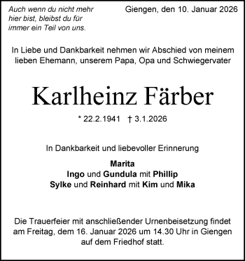 Traueranzeige von Karlheinz Färber von Heidenheimer Zeitung