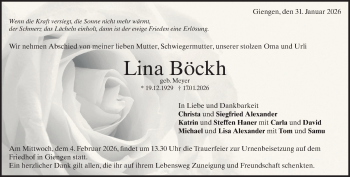 Traueranzeige von Lina Böckh von Heidenheimer Zeitung