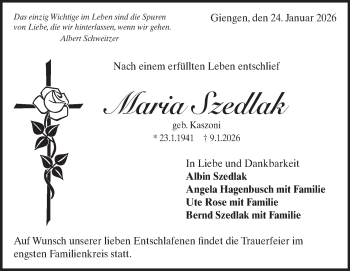 Traueranzeige von Maria Szedlak von Heidenheimer Zeitung